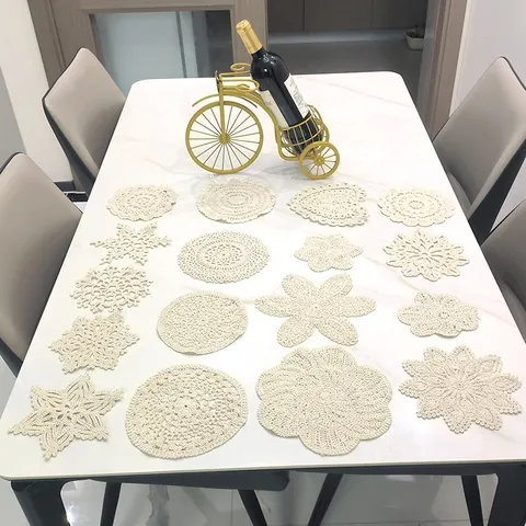 Vintage Cotton Crochet Lace Table Mat Hollow Out Embroidered Coaster Floral Heart Round Placemat For Home Wedding Photography Props