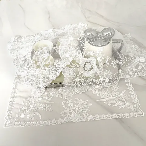 Elegant White Embroidered Lace Dustproof Mat Polyester Mesh Tablecloth For Home Decor Photography Background Props