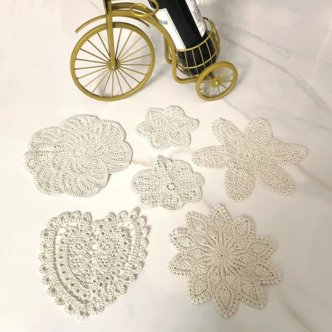 Vintage Cotton Crochet Lace Table Mat Hollow Out Embroidered Coaster Floral Heart Round Placemat For Home Wedding Photography Props