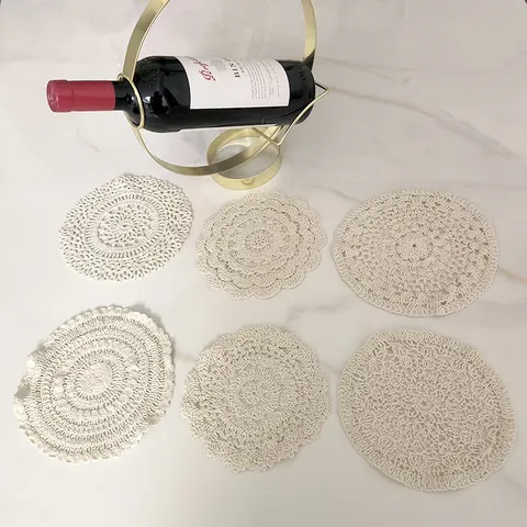 Vintage Round Lace Cotton Coaster Hand Crochet Hollow Out Embroidered Table Mat For Home Photography Decor Apricot
