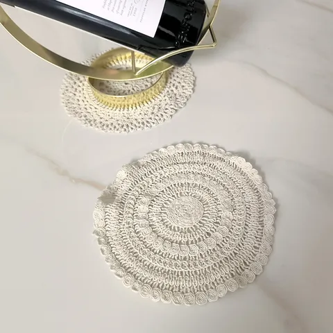 Vintage Round Lace Cotton Coaster Hand Crochet Hollow Out Embroidered Table Mat For Home Photography Decor Apricot