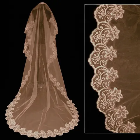 Brautschleier In Kathedralenlänge Vintage Western-Stil Spitzenkante Blumenstickerei Netz-Hochzeitsschleier Für Brautfotografie Zubehör