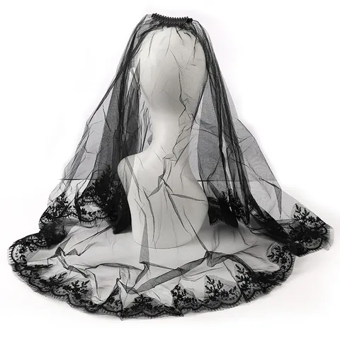 Elegant Black White Lace Bridal Veil Halloween Gothic Wedding Accessory Embroidered Mesh Mantilla For Women Party Photo