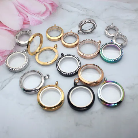 Stainless Steel Floating Glass Locket Pendant Exquisite Circular Magnetic Gau Box Rhinestone Inlaid Personalized Memorial Jewelry Gift