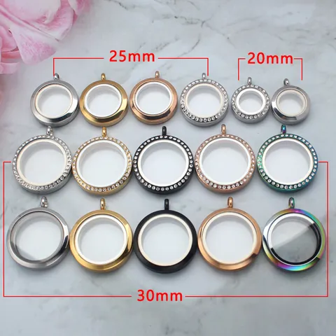Stainless Steel Floating Glass Locket Pendant Exquisite Circular Magnetic Gau Box Rhinestone Inlaid Personalized Memorial Jewelry Gift