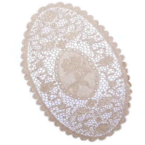 Vintage Ovaal Kant Onderzetter Opengewerkte Bloemen Borduurwerk Synthetische Vezel Tafelmat Elegant Franse Stijl Decoratief Kleedje Voor Banket Thuis Bruiloft