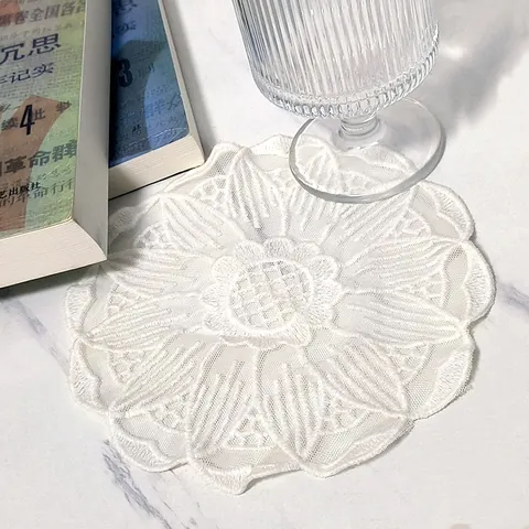Cotton Lace Round Table Placemat Embroidered Mesh Coaster White Apricot Floral Decorative Mat For Dining Photography Props