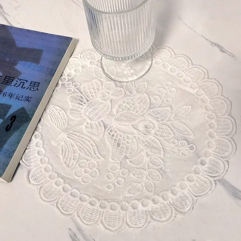 Cotton Lace Round Table Placemat Embroidered Mesh Coaster White Apricot Floral Decorative Mat For Dining Photography Props