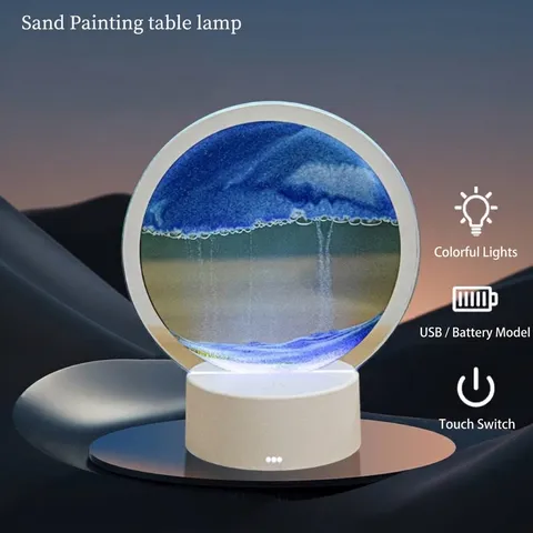 Luz Nocturna de Arte de Arena en Movimiento Lámpara de Reloj de Arena Redonda de Vidrio Minimalista Paisaje de Arena LED de Colores Atenuación Táctil Decoración