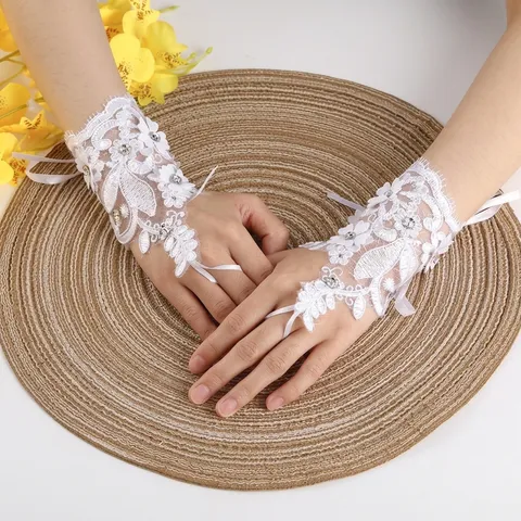 White Short Bridal Wedding Satin Gloves With 3D Flowers Rhinestones Fingerless Ribbon Lace Up Elegant Formal Party Gloves For Women