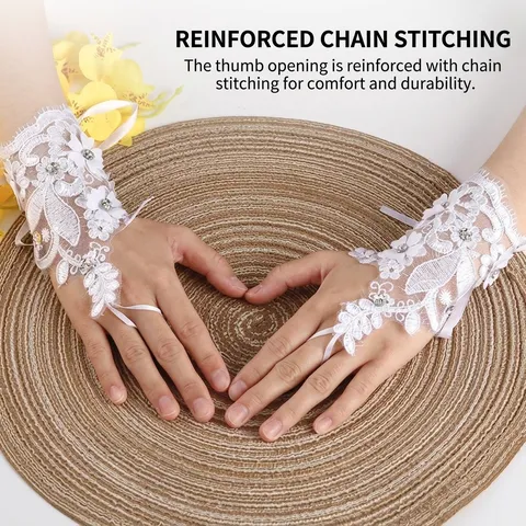 White Short Bridal Wedding Satin Gloves With 3D Flowers Rhinestones Fingerless Ribbon Lace Up Elegant Formal Party Gloves For Women