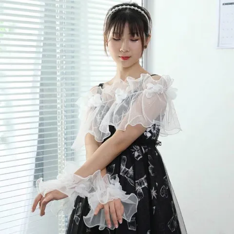 Elegant Bridal Mesh Pleated Shawl And Lace Arm Sleeves Set Ruffled Edge Sheer Cape For Wedding Party Women Accessory