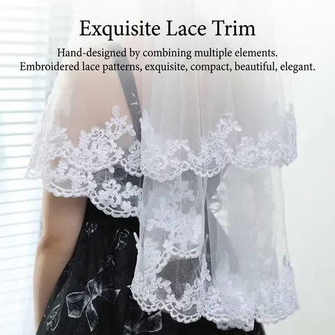 Double Layer Bridal Wedding Veil With Comb White Black Lace Embroidery Mesh Tulle Sheer Mantilla For Bride Marriage Shoot