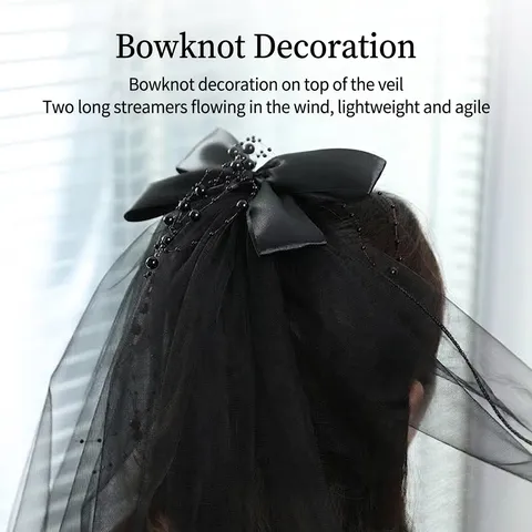 Gothic Schwarz Halloween Cosplay Kurzschleier Einlagig Netzgewebe Gesäumt Bandschleife Perlen Anime Foto Requisite Damen Haarschmuck