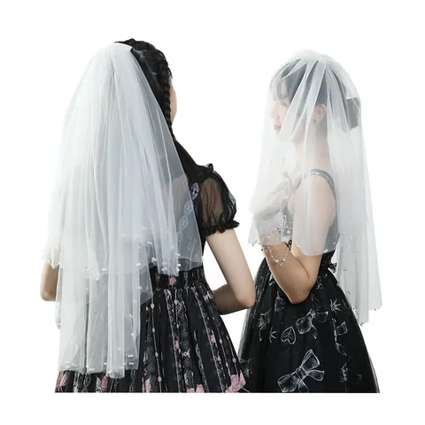 Simple Double Layer Bridal Wedding Veil With Artificial Pearl Mesh Tulle Mid-Short Length White Veil For Bride Photo Props