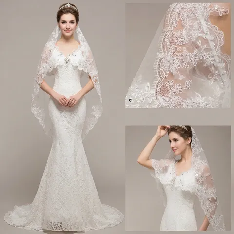 Elegant Long Cathedral Trailing Wedding Veil White Ivory Floral Embroidery Sequins Lace Bridal Veil For Photography Women