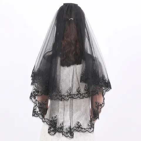 Elegant Double Layer Bridal Veil Floral Lace Trim Short Wedding Face Veil With Comb Halloween Costume Goth Party Hair Accessory For Women