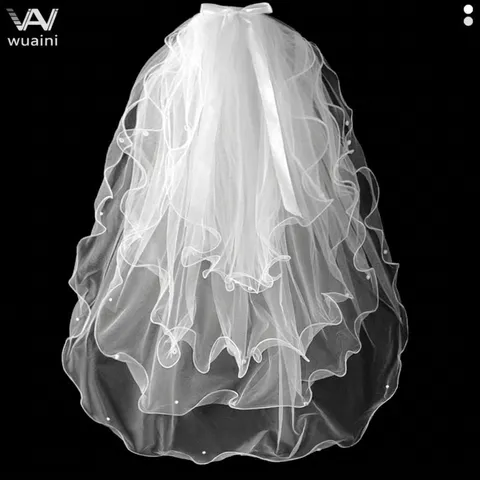 Vintage Short Bridal Veil Tulle With Bowknot Artificial Pearl Rolled Edge Beaded Wedding Veil Accessories For Women Bridal Shower Party