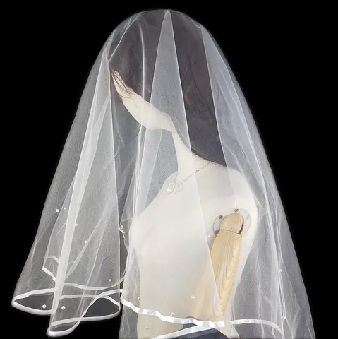 Velo de Novia Minimalista de Una Sola Capa Con Borde de Cinta Y Perlas Artificiales Elegante Velo de Malla para Fiesta de Novia Blanco Marfil