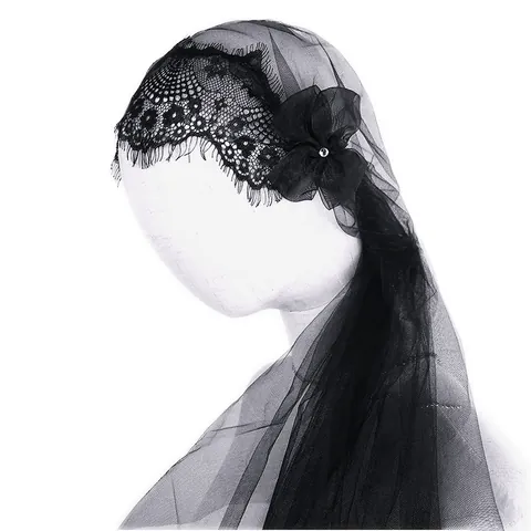 Voile de Mariée Noir Gothique Nœud Bord En Dentelle Voile De Visage En Maille Avec Strass Élégant Mystérieux Église Prière Halloween Fête Coiffe Femme