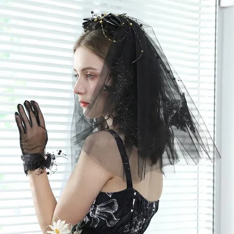 Kurzer Zweilagiger Brautschleier Mit Schleife Künstliche Perlen Stickerei Netzgewebe Hochzeit Fotografie Requisiten Kopfschmuck Damen