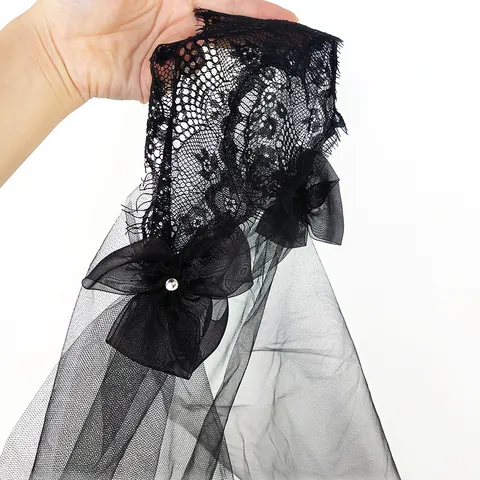 Voile de Mariée Noir Gothique Nœud Bord En Dentelle Voile De Visage En Maille Avec Strass Élégant Mystérieux Église Prière Halloween Fête Coiffe Femme