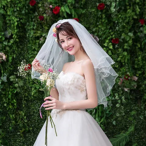 Short Two Layer Bridal Veil With White Beads Artificial Pearls Tulle Mesh Wedding Veil For Bride Party Forest Style Accessories