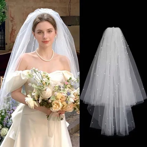 Elegant Double Layer Wedding Veil With Hair Comb For Bride Sophisticated White Puffy Beaded Tulle Bridal Veil Engagement Photography Accessory