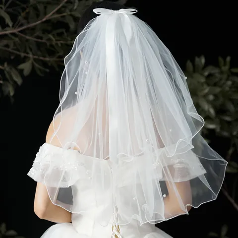 Short Bridal Veil Mesh Bow White Wedding Veil With Artificial Pearl Decor For Bride Photography Marriage Accessories Women