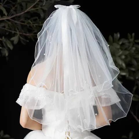 Short Bridal Veil Mesh Bow White Wedding Veil With Artificial Pearl Decor For Bride Photography Marriage Accessories Women