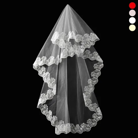 Elegante Velo de Novia de Encaje Bordado Una Capa de Malla de Poliéster Tocado de Boda para Accesorios de Novia Blanco