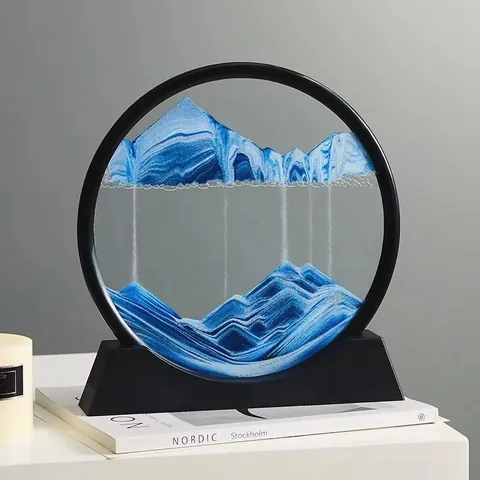 Cuadro 3D de Arte de Arena en Movimiento Paisaje de Arena del Mar Profundo en Movimiento Pintura de Arena Movediza de Vidrio Redondo Decoración Escritorio Hogar