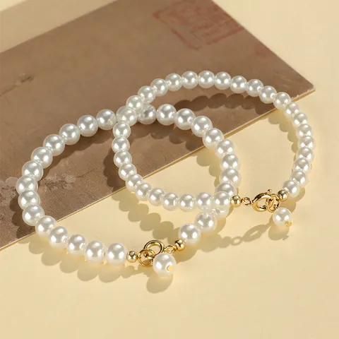 Women Elegant Minimalist Alloy Artificial Pearl Bead Bracelet White Gold Plated Small Round Beads Fashion Jewelry Gift