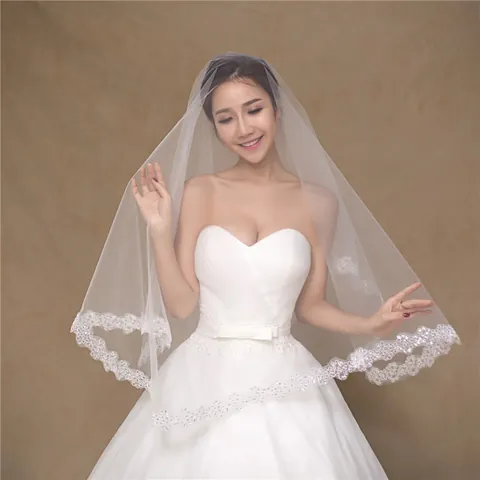 Elegant White Elbow Length Wedding Veil Corded Lace Edge Sequins Bridal Mesh Tulle Veil Wedding Party Accessory for Women