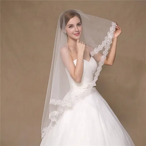 Elegant White Elbow Length Wedding Veil Corded Lace Edge Sequins Bridal Mesh Tulle Veil Wedding Party Accessory for Women