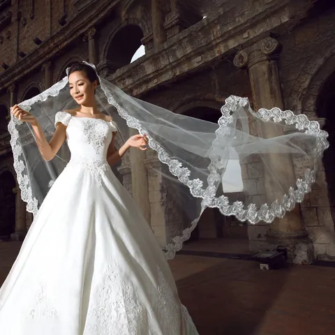 Eleganter Brautschleier Kathedrale Bestickte Spitze Tüllschleier Einlagig Für Hochzeitszeremonie Kirche Damen Schmuck Zubehör