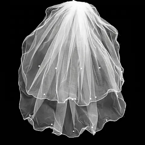 Short Bridal Veil White Double Layer Tulle Wedding Veil With Metal Comb Curly Edge Artificial Pearl Beaded Elegant Headpiece For Bride