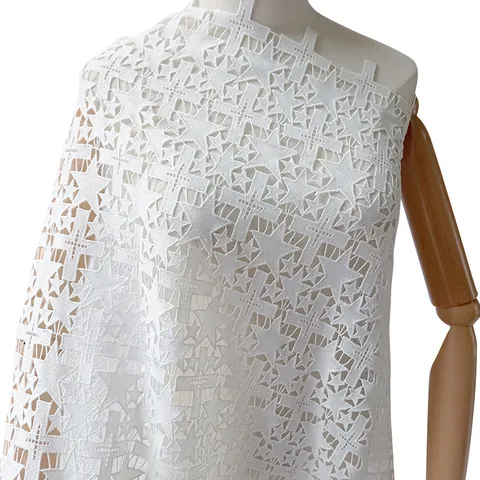 White Polyester Water Soluble Lace Fabric Hollow Geometric Star Cross Embroidery Milk Silk Style For Wedding Dress DIY Sewing