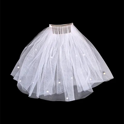 Elegant Short Double Layer Wedding Veil With Artificial Pearl Beaded Detail Mesh Bridal Face Veil With Comb Photography Prop