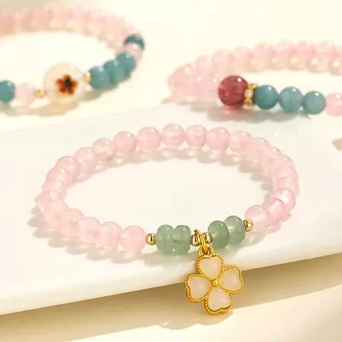 Bracciale in Stile Neo-Cinese al Quarzo Rosa e Perle d'Acqua Dolce da Donna Braccialetto di Perline in Avventurina Naturale Quarzo Fragola