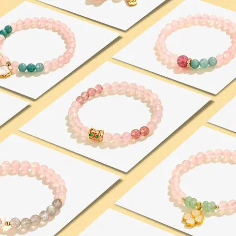 Bracciale in Stile Neo-Cinese al Quarzo Rosa e Perle d'Acqua Dolce da Donna Braccialetto di Perline in Avventurina Naturale Quarzo Fragola