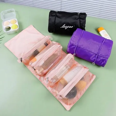 4 In 1 Detachable Travel Makeup Bag For Women Nylon Folding Cosmetic Storage Bag Detachable Mesh Toiletry Wash Bag Set