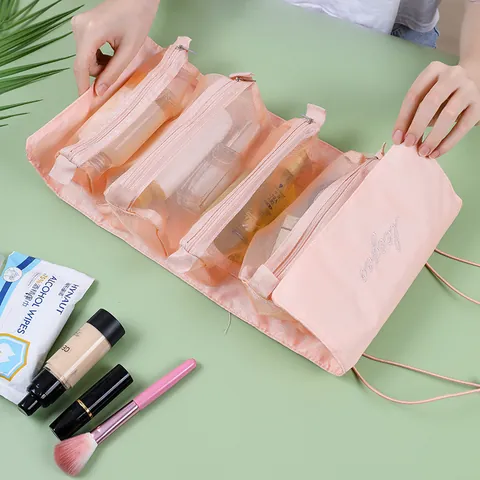 4 In 1 Detachable Travel Makeup Bag For Women Nylon Folding Cosmetic Storage Bag Detachable Mesh Toiletry Wash Bag Set