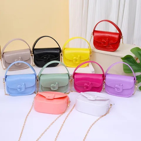 Kinder Mode Jelly Handtasche Mädchen Süße Umhängetasche Mit Metallkette Mini Münzbörse Candy Color PU Schultertasche