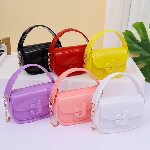 Kinder Mode Jelly Handtasche Mädchen Süße Umhängetasche Mit Metallkette Mini Münzbörse Candy Color PU Schultertasche