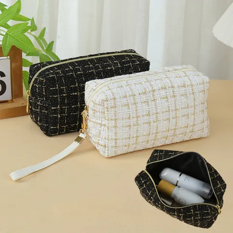 Fashion Tweed Square Handheld Makeup Bag Niche Cotton Linen Plaid Cosmetic Bag Portable Travel Storage Bag For Women Small Organizer Case