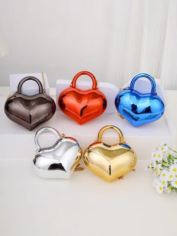 Damen Mini Herzförmige Acryl Handtasche Glänzende Spiegel Umhängetasche Mit Goldener Kette Bonbonfarbe Party Abendtasche