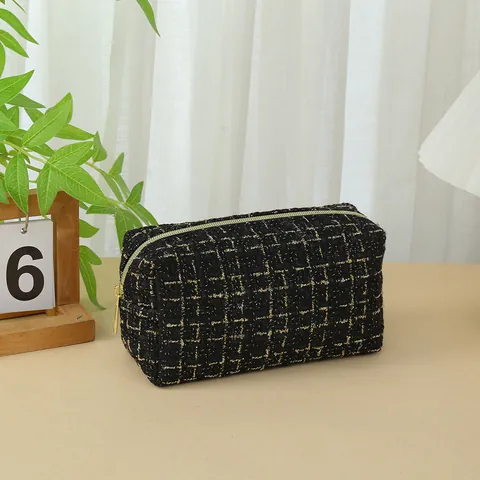 Fashion Tweed Square Handheld Makeup Bag Niche Cotton Linen Plaid Cosmetic Bag Portable Travel Storage Bag For Women Small Organizer Case