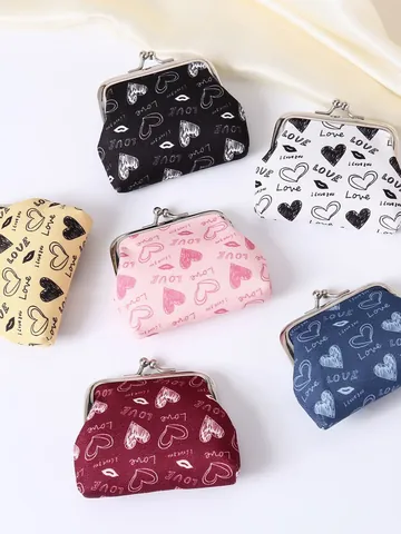 Damen Mini Herz Print Münzbeutel Süße Bügelverschluss Kleine Geldbörse Tragbare Schlüsselkarte Aufbewahrungstasche Polyester Geschenk