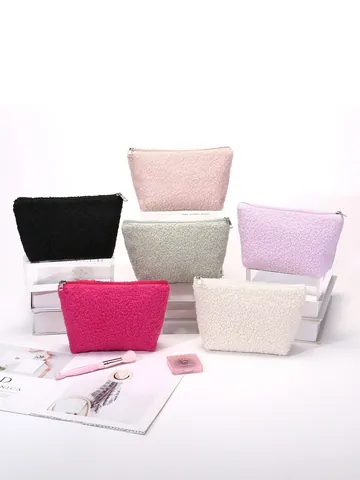 Borsa da Trucco in Pile Sherpa Grande Capacità Trousse da Viaggio Portatile Ricamata con Cerniera per Donna Semplice Organizer per Cosmetici